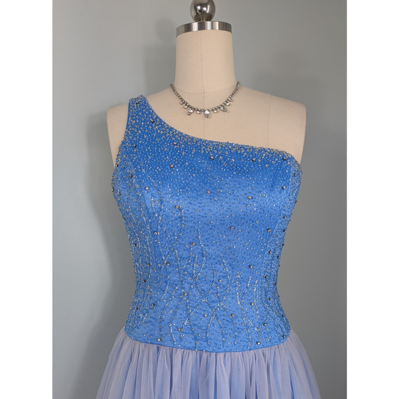 Vintage Prom Dress Maxi Gown 10 Blue Y2K Bead Tulle Shoulder Ball Cinderella - Picture 5 of 16
